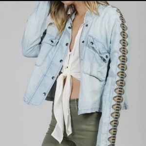 Free People Chambray embroidered zip front jacket wmns sz M